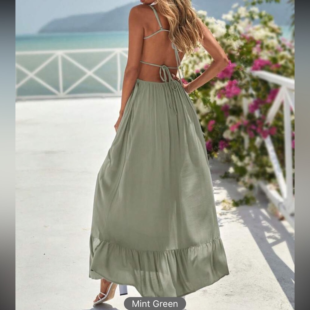 Boho square neck backless strappy ruffle maxi dress green - Picture 2 of 6